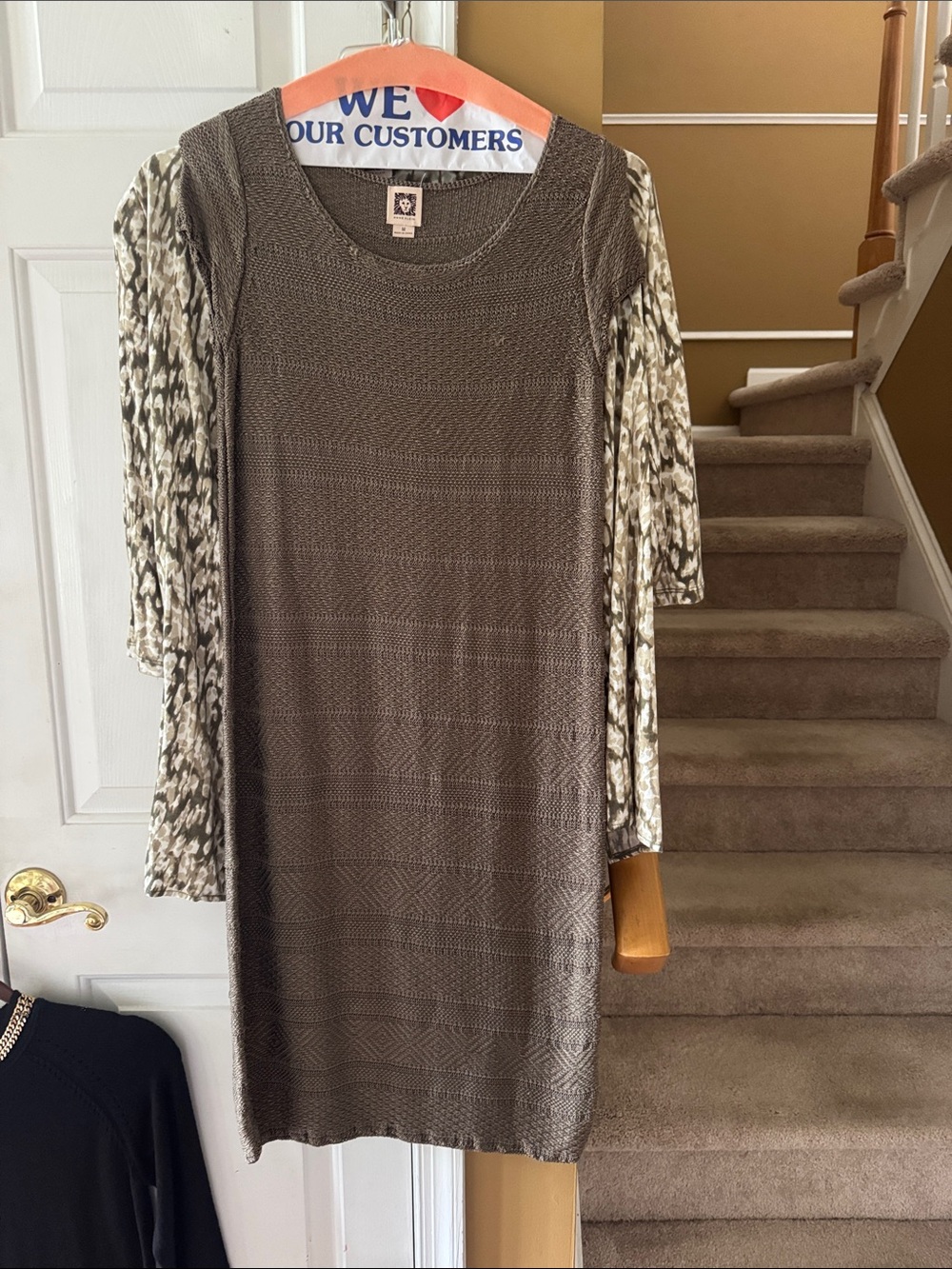 Anne Klein Taupe Knit Midi Dress with Patterned Sleeves with coordinating jacket